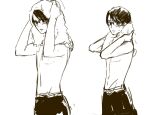  1boy blush cowboy_shot drying drying_hair glasses kalalaka looking_at_viewer male_focus monochrome nishimi_kaoru sakamichi_no_apollon short_hair shy simple_background solo topless_male towel towel_around_neck wet white_background 