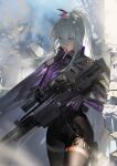  1girl absurdres anti-materiel_rifle black_thighhighs bodysuit cowboy_shot girls&#039;_frontline girls&#039;_frontline_2:_exilium grey_hair gun hair_between_eyes highres holding holding_gun holding_weapon long_hair nemesis_(girls&#039;_frontline_2) om_50_nemesis parted_lips ponytail purple_eyes rifle shuangbatian sniper_rifle solo thighhighs weapon 