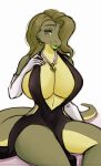 anthro armwear big_breasts black_clothing black_dress blush breasts butt clothed clothing digital_media_(artwork) dress female gloves green_eyes green_hair hair handwear hi_res looking_at_viewer narikusha open_mouth reptile scalie simple_background smile snake solo surrex tail thick_thighs white_background white_clothing white_gloves white_handwear