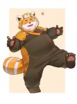  1boy bara barefoot belly blush closed_eyes cosplay fang fat flower fox_boy furry furry_male guantoubaobao highres iyo_(tamacolle) kigurumi male_focus official_alternate_costume open_mouth pawpads red_panda_costume smile tamacolle 