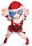  1girl blue_eyes blue_hair blush boots breasts christmas cleavage commentary_request fur_trim gibun_(sozoshu) hair_ornament hair_over_one_eye hat highres index_finger_raised large_breasts light_blush looking_at_viewer open_mouth re:zero_kara_hajimeru_isekai_seikatsu red_footwear rem_(re:zero) santa_costume santa_hat short_hair simple_background solo standing v white_background x_hair_ornament 