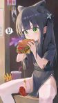  1girl absurdres animal animal_ears bad_id bad_pixiv_id bandaid bandaid_on_arm black_dress black_hair blue_archive blush bug burger butterfly chinese_clothes dress eating feet_out_of_frame food green_eyes halo highres holding holding_food korean_text long_hair merong_(sou47897) no_halo short_sleeves shun_(blue_archive) shun_(small)_(blue_archive) sitting solo speech_bubble thighhighs white_thighhighs 