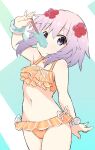  1girl bikini food hair_ornament ice_cream looking_at_viewer medium_hair neptune_(neptunia) neptune_(series) orange_bikini purple_eyes purple_hair simple_background solo swimsuit 