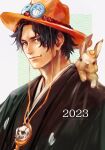  1boy 2023 absurdres alternate_costume animal artist_name black_hair closed_mouth commentary cowboy_hat freckles hat highres looking_at_viewer male_focus one_piece orange_headwear portgas_d._ace rabbit short_hair smile solo tsuyomaru twitter_username 