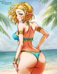  1girl ass back bikini blonde_hair blue_bikini blush braid breasts from_behind green_eyes hair_ornament hairclip looking_at_viewer looking_back mina_cream pointy_ears princess_zelda short_hair sidelocks smile solo swimsuit the_legend_of_zelda the_legend_of_zelda:_tears_of_the_kingdom thighs 