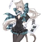  1girl absurdres animal_ear_fluff animal_ears bow card cat_ears cat_girl cat_tail closed_mouth expressionless facial_mark genshin_impact gloves grey_hair hair_bow hand_on_own_hip highres joker_(playing_card) long_sleeves looking_at_viewer lynette_(genshin_impact) pantyhose playing_card purple_eyes simple_background star_(symbol) star_facial_mark tail two_of_spades white_background zaaaki_7 
