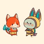  blue_fire blush bunny_ears cat chiyoko_(oman1229) commentary fire haramaki helmet jibanyan multiple_tails no_humans notched_ear protected_link simple_background spacesuit tail tail-tip_fire two_tails usapyon youkai youkai_watch youkai_watch_3 