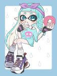  1girl bandaid bandaid_on_leg blue_border blue_eyes blue_hair blue_shirt border braid commentary_request doughnut fingerless_gloves food full_body gloves hairband highres holding holding_food inkling inkling_girl long_hair mina_p pointy_ears print_shirt purple_hairband shirt shoes socks splatoon_(series) white_background white_socks 