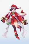  1girl bell belt boots cake capelet earrings fang fate/grand_order fate_(series) food gift gloves gradient_background hat highres horns izanaware_game jewelry oni_horns purple_eyes purple_hair red_capelet red_shorts santa_costume santa_hat shorts shuten_douji_(fate) single_thighhigh star_(symbol) star_earrings thighhighs tray twitter_username white_gloves wide_sleeves 