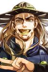  beard brown_hair cape character_name facial_hair green_lipstick grin gyro_zeppeli highres inzup jojo_no_kimyou_na_bouken lipstick long_hair makeup male_focus smile solo steel_ball_run 