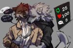 anthro brown_body brown_fur canid canine canis clothed clothing death_(puss_in_boots) dialogue dreamworks duo english_text excaliburwolf fluffy fur fuzzy grey_background grey_body grey_fur grey_tail half-closed_eyes hi_res male male/male mammal melee_weapon mr._wolf_(the_bad_guys) narrowed_eyes nuzzling polearm poncho puss_in_boots_(dreamworks) red_eyes sickle simple_background smile speech_bubble text the_bad_guys weapon white_body white_fur wolf yellow_eyes