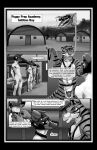 animal_mask anthro athletic athletic_male balls baseball_cap bed belt black_and_white black_border border bottomless buckle bunk_bed camp canid canine canis clothed clothing collar collar_tag collaring comic command dbruin dialogue digital_media_(artwork) domestic_dog dominant dominant_male door dormitory english_text felid flaccid flag_(object) flagpole floppy_ears forest fur furniture gear genitals group hands_behind_back harness hat headgear headwear hi_res holding_collar holding_object humanoid_genitalia humanoid_penis hunting_dog inside jack_russell_terrier karnal_(karnaltiger) leather lineup logo looking_at_another male mammal mask master/pet military monochrome navel nipples nude obedient open_mouth outside pantherine penis petplay pillow plant plantigrade public pup_mask puppyplay raised_hand realistic_penis_size roleplay sergeant shepherd siberian_tiger size_difference sky slim_male smile speech_bubble standing striped_body striped_fur stripes submissive submissive_male teeth terrier text tiger title training tree