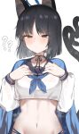  1girl ? ?? absurdres animal_ears black_eyes black_hair blue_archive blue_neckerchief cat_ears cat_girl cat_tail closed_mouth cropped_shirt doldol_(rkwowlqrp) halo hands_on_own_chest haori highres japanese_clothes kikyou_(blue_archive) long_sleeves multiple_tails navel neckerchief sailor_collar shirt short_hair simple_background solo tail two_tails white_background white_shirt 