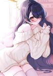  1girl absurdres alternate_costume bespectacled black_hair blue_archive blush cowboy_shot glasses halo highres hinata_(blue_archive) indoors long_hair long_sleeves off-shoulder_sweater off_shoulder open_mouth red_eyes solo sweater tarakopng thighhighs white_sweater white_thighhighs yellow_halo 