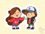  1boy 1girl :d arm_up blush_stickers braces brother_and_sister brown_hair chibi dated dipper_pines full_body gravity_falls hand_on_own_hip hat high_five hintojin leaning_forward long_hair long_sleeves mabel_pines open_mouth outline pink_sweater shadow shorts siblings signature simple_background smile standing star_(symbol) star_print sweater teeth upper_teeth_only white_outline 
