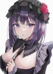  1girl bonnet breasts chain chain_leash cleavage cosplay gothic_lolita highres kitagawa_marin kuroe_shizuku kuroe_shizuku_(cosplay) lace-trimmed_collar lace_trim leash lolita_fashion purple_hair skull_08 sono_bisque_doll_wa_koi_wo_suru wig 