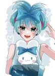  1girl aqua_eyes aqua_hair bare_shoulders blue_bow blush bow cinnamiku cinnamoroll commentary detached_sleeves grey_shirt hair_between_eyes hair_bow hatsune_miku heart highres open_mouth sanrio shirt sleeveless sleeveless_shirt solo spica5f9ea0 teeth twitter_username upper_body vocaloid wide_sleeves 