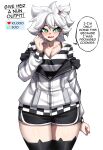  1girl absurdres black_thighhighs blush breasts cleavage english_text fang green_eyes highres jacket large_breasts looking_at_viewer open_mouth original rageman709 shirt short_hair solo speech_bubble striped striped_shirt sweat thighhighs white_hair white_jacket zipper 