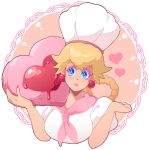  1girl alternate_hairstyle blonde_hair blue_eyes blush braid breasts cake chef chef_hat closed_mouth colored_eyelashes commentary crossed_bangs earrings english_commentary food hair_flaps hair_rings hands_up happy hat heart heart-shaped_food holding holding_food jewelry lipstick long_hair looking_to_the_side makeup mario_(series) medium_breasts nail_polish neckerchief orange_background pink_lips pink_nails pink_neckerchief pink_pupils princess_peach princess_peach:_showtime! puffy_short_sleeves puffy_sleeves round_image shirt short_sleeves smile solo upper_body weepinbelly white_headwear white_shirt 