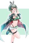  1girl ;d animal_ears bare_shoulders blush boots breasts choker cleavage coat commentary curvy glasses green_background green_choker green_coat green_eyes green_footwear green_hair green_theme hand_up happy highres indie_virtual_youtuber long_sleeves looking_at_viewer medium_breasts micro_shorts natsuoto_rito navel one_eye_closed open_clothes open_coat open_mouth outstretched_arm rabbit_ears red-framed_eyewear semi-rimless_eyewear short_hair shorts simple_background smile solo standing standing_on_one_leg tammy_(vtuber) thigh_strap two-tone_background v virtual_youtuber white_background white_shorts 