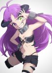  1girl absurdres antenna_hair bikini black_bikini black_shorts broken_handcuffs collar cropped_legs demon_horns flat_chest glowing glowing_eye green_eyes hand_on_own_hip heterochromia highres horns kishirika_kishirisu long_hair mushoku_tensei navel nishizuki_shino purple_eyes purple_hair sharp_teeth short_shorts shorts smile solo stomach swimsuit teeth very_long_hair 