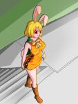 3:4 absurd_res big_breasts blonde_hair boots breasts brown_eyes cape carrot_(one_piece) chel_dew clothed clothing female footwear fur hair hi_res lace lagomorph leporid looking_at_viewer mammal mink minkmen_(one_piece) mustelid musteline nails one_piece rabbit scut_tail short_tail smile solo stairs standing tail topwear true_musteline white_body white_fur