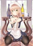  bad_id bad_pixiv_id black_hair blonde_hair blush bottle cuffs green_eyes handcuffs hands_together highres long_hair looking_at_viewer maid_headdress original sitting solo table thighhighs throtem wariza wine_bottle 