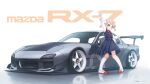  1girl :d bandaid bandaid_on_knee bandaid_on_leg blue_dress blush bow bowtie car dress green_eyes hair_ornament highres index_finger_raised indie_virtual_youtuber kneehighs light_brown_hair long_sleeves looking_at_viewer mazda_rx-7 mazda_rx-7_fd motor_vehicle open_mouth pinafore_dress pointing pointing_up pom_pom_(clothes) pom_pom_hair_ornament red_bow red_bowtie reflection shigure_ui_(vtuber) shigure_ui_(vtuber)_(young) shirt short_hair short_twintails shukusei!!_loli-gami_requiem signature simana simple_background sleeveless sleeveless_dress smile socks solo spoiler_(automobile) sports_car stance_(vehicle) twintails vehicle_focus vehicle_name virtual_youtuber white_shirt white_socks 