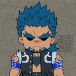  1boy abs bara beard blue_hair bucchigiri chibi facial_hair facing_viewer goatee grey_background kenchiro_(bucchigiri) lowres male_focus mature_male muscular muscular_male no_shirt pectorals shaded_face short_hair short_ponytail sleeveless sleeveless_jacket solo spiked_hair thick_beard thick_chest_hair thick_eyebrows 