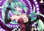  1girl bare_shoulders black_gloves breasts cleavage elbow_gloves gloves green_hair green_heart_(neptunia) half_mask hat large_breasts lewdkuma long_hair mask mini_hat neptune_(series) ponytail power_symbol purple_eyes solo symbol-shaped_pupils very_long_hair wings 