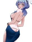  1girl ako_(blue_archive) ako_(dress)_(blue_archive) ass backless_dress backless_outfit blue_archive blue_dress blue_eyes blue_hair blue_halo blush breasts cowboy_shot dress geomissword hair_between_eyes halo highres large_breasts long_hair looking_at_viewer official_alternate_costume open_mouth short_hair sideboob simple_background sleeveless sleeveless_dress solo white_background 