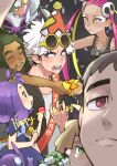  2girls 4boys acerola_(pokemon) black_eyes black_jacket blonde_hair blurry blush bright_pupils closed_mouth commentary_request confetti dark-skinned_male dark_skin depth_of_field dress gladion_(pokemon) golisopod green_eyes grey_hair guzma_(pokemon) hat hau_(pokemon) highres holding jacket jewelry multicolored_hair multiple_boys multiple_girls nanu_(pokemon) necklace nyoripoke open_mouth party_hat pink_hair plumeria_(pokemon) pokemon pokemon_sm purple_hair red_eyes sableye sash shirt short_sleeves shoulder_sash sleeveless sleeveless_shirt sunglasses sweatdrop teeth two-tone_hair white_hair white_pupils white_shirt yellow-framed_eyewear 