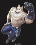  1boy 6suan abs animal_ears arm_up armpit_hair armpit_peek bara braided_fur facial_hair foreshortening from_above furry furry_male goatee highres large_pectorals looking_down male_focus mature_male muscular muscular_male navel neck_fur nipples original pectorals short_hair solo stomach tail topless_male white_fur wolf_boy wolf_ears wolf_tail 