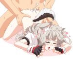  animal_ear_fluff animal_ears ass azur_lane bottomless closed_eyes cum cum_in_pussy cum_overflow cumdrip dog_ears dog_girl dog_tail doggystyle fingerless_gloves gloves grey_hair heart highres internal_cumshot pixiv sbeve2004 sex sex_from_behind shirt short_sleeves simple_background tail tongue tongue_out vaginal white_shirt yuudachi_(azur_lane) 