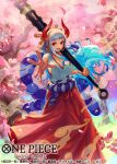  1girl blue_hair breasts brown_eyes cherry_blossoms club_(weapon) copyright_name earrings english_text feet_out_of_frame hakama hakama_pants hoop_earrings horns japanese_clothes jewelry kanabou kimono large_breasts long_hair looking_at_viewer multicolored_hair multicolored_horns nijimaarc official_art one_piece open_mouth outstretched_hand pants rope shimenawa sideboob sleeveless sleeveless_kimono weapon white_hair yamato_(one_piece) 