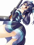  ass bare_shoulders black_dress black_hair blush bow breasts bridal_gauntlets choujigen_game_neptune choujigen_game_neptune_mk2 compile_heart dress fang female from_behind gun hair_bow idea_factory leaning leaning_forward long_hair looking_back neptune_(series) open_mouth panties red_eyes rifle simple_background solo tsunamayoz twintails underwear uni_(choujigen_game_neptune) weapon 