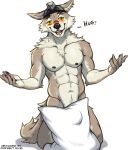 absurd_res anthro bulge canid canine canis embarrassed epic_games fortnite fur hi_res male mammal midnight_blue muscular muscular_anthro muscular_male nipples nude nude_male piercing smile solo wendell_(fortnite) wolf