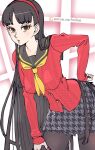  absurdres amagi_yukiko bent_over black_hair black_sailor_collar breasts brown_eyes cardigan hairband hand_on_own_hip highres hime_cut houndstooth long_hair looking_at_viewer medium_breasts neckerchief pantyhose patreon_logo patreon_username persona persona_4 pleated_skirt poechan_chan red_cardigan red_hairband red_nails sailor_collar skirt tweed very_long_hair yellow_neckerchief 