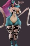 3d_(artwork) animal_print anthro biped blue_body bottomless breasts clothed clothing cow_print digital_media_(artwork) female generation_2_pokemon genitals hair hi_res legendary_pokemon legwear looking_at_viewer navel nintendo pokemon pokemon_(species) pupils purple_hair pussy suicune text thick_thighs thigh_highs white_body xlkev