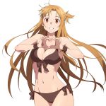  1girl asuna_(sao) bikini braid breasts brown_bikini brown_eyes brown_hair cleavage french_braid heart heart_hands large_breasts long_hair looking_at_viewer navel puge short_ponytail side-tie_bikini_bottom smile solo swimsuit sword_art_online white_background 