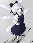  1girl absurdres black_footwear blue_bow blue_dress blue_eyes bow cirno collared_shirt dress dutch_angle full_body grey_background grey_hair hair_between_eyes hair_bow hands_on_own_hips hatomehonpo highres ice ice_wings looking_at_viewer mary_janes medium_hair neck_ribbon pinafore_dress red_ribbon ribbon shirt shoes short_sleeves sleeveless sleeveless_dress smile smug solo standing touhou translation_request white_shirt wings 