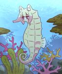  1girl animal_ear_fluff animal_ears animalization blonde_hair blush commentary_request coral fish fox_ears highres jitome kemomimi-chan_(naga_u) naga_u no_mouth original red_eyes seahorse solo underwater 