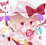  1girl ascot blonde_hair candy candy_apple eating flandre_scarlet food hat highres looking_at_viewer medium_hair mob_cap nacht_musik pill red_eyes red_ribbon ribbon sailor_collar solo touhou upper_body yellow_ascot 