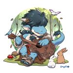 1461_1641 another_eidos_of_dragon_vein_r anthro avian bird black_hair blue_body blue_scales body_hair bottomwear chest_hair chibi claws clothing dragon ear_piercing ear_ring exposed_shoulder eyes_closed folker_(anothereidos_r) footwear forest fungus hair hi_res horn humanoid_pointy_ears lagomorph leporid loincloth lute male mammal mushroom musical_instrument piercing plant plucked_string_instrument rabbit ring_piercing sandals scales singing solo string_instrument tail tail_tuft tan_body tan_scales toe_claws tree tree_stump tuft