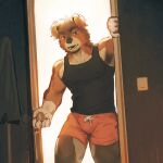 absurd_res anthro armpit_hair backlighting biped body_hair bottomwear canid canine canis clothing domestic_dog doorknob hi_res light light_switch lighting male mammal muscular muscular_anthro muscular_male open_door shirt shorts solo tank_top tippy topwear
