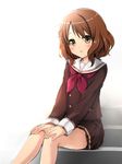  blush brown_eyes brown_hair hibike!_euphonium looking_at_viewer neckerchief open_mouth oumae_kumiko red_neckwear school_uniform serafuku short_hair sitting skirt solo toichi wavy_hair 