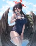 1girl absurdres black_hair black_one-piece_swimsuit black_wings blue_archive blush bolcham breasts cowboy_shot day feathered_wings halo hasumi_(blue_archive) highres large_breasts long_hair mole mole_under_eye name_tag one-piece_swimsuit open_mouth outdoors ponytail red_eyes red_halo school_swimsuit solo swimsuit thighhighs white_thighhighs wings 