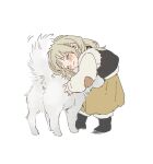  1girl ^_^ affectionate aged_down animal animal_hug black_vest blush boots child chinese_commentary closed_eyes closed_mouth dog dungeon_meshi facing_to_the_side falin_thorden fur-trimmed_vest fur_trim grey_hair happy highres leaning_forward long_hair long_sleeves loudun_ff patchwork_clothes shirt simple_background sketch skirt smile stitches vest white_background white_shirt yellow_skirt 