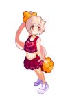  1girl alternate_costume arms_behind_back bare_arms bare_legs bare_shoulders bow cheerleader commentary crop_top embarrassed full_body gustavo_schuler hair_bow holding holding_pom_poms long_hair midriff navel onii-chan_wa_oshimai! orange_bow orange_eyes oyama_mahiro pink_hair pleated_skirt pom_pom_(cheerleading) ponytail red_skirt red_tank_top shoes simple_background skirt solo standing tank_top very_long_hair wavy_mouth white_background white_footwear 