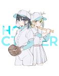  2girls absurdres alternate_costume antlers baseball_bat baseball_cap baseball_mitt baseball_uniform black_hair blue_hair blue_shirt blush braid braided_bangs branch ceres_fauna chewing_gum colored_inner_hair green_hair hat highres holding holding_baseball_bat hololive hololive_english horns looking_at_viewer mole mole_under_eye mpmrpjb multicolored_hair multiple_girls ouro_kronii pants pleated_skirt ponytail shirt short_hair skirt smile sportswear virtual_youtuber white_pants white_skirt 